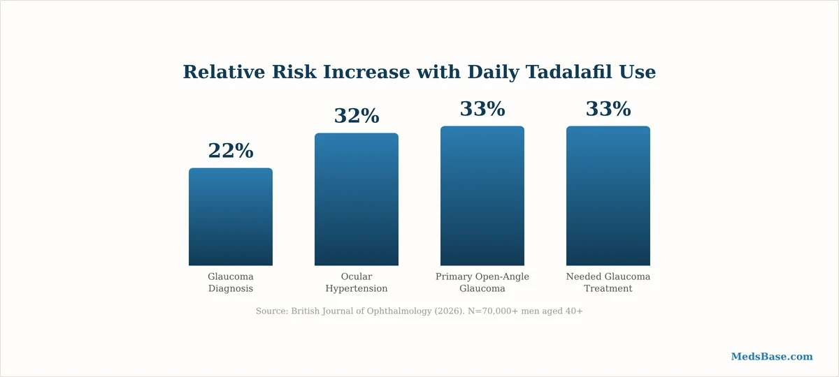 chart showing relative risk increase for tadalafil and glaucoma across four outcomes