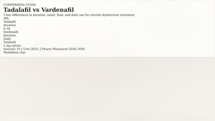 tadalafil vs vardenafil ED medication comparison 36 hours duration