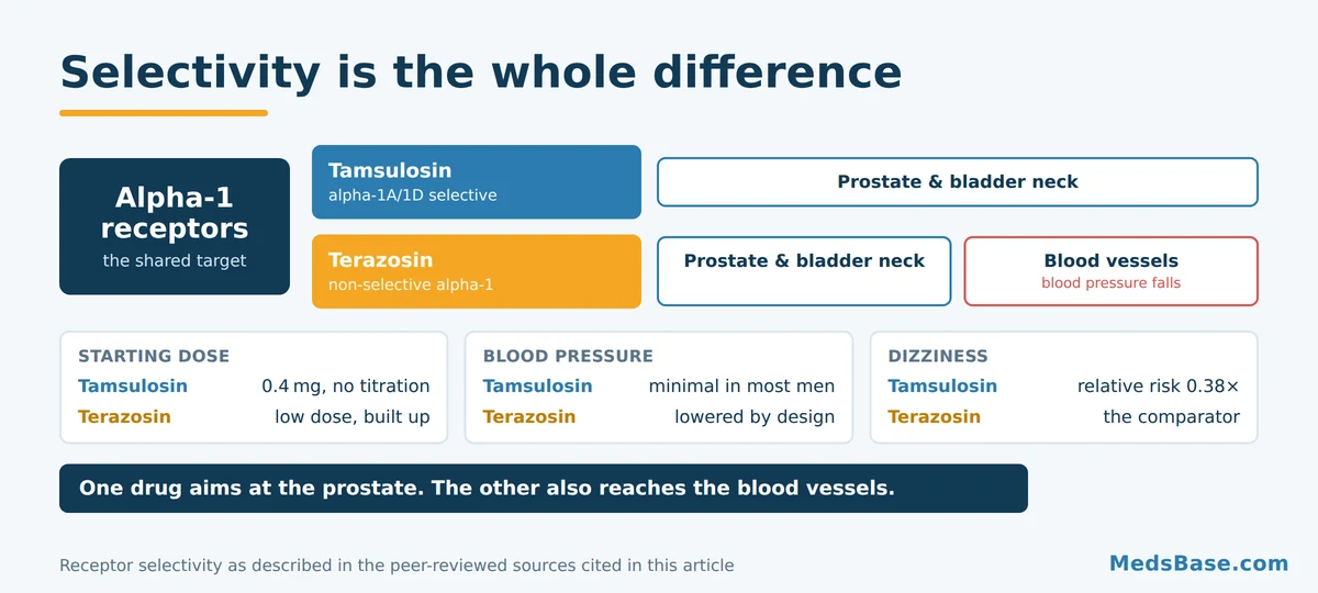 Diagram showing how tamsulosin selectively targets the prostate while terazosin also affects vessels