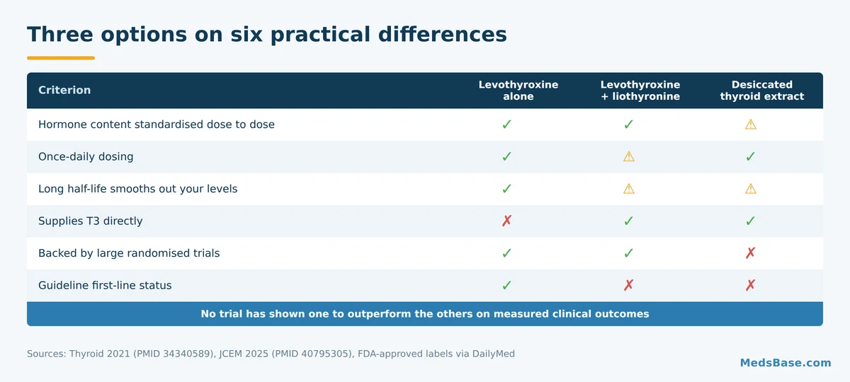 Three-way comparison of levothyroxine alone, combination therapy and desiccated thyroid extract across six practical criteria