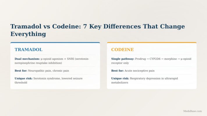 Tramadol vs codeine comparison showing dual mechanism of tramadol and prodrug conversion of codeine