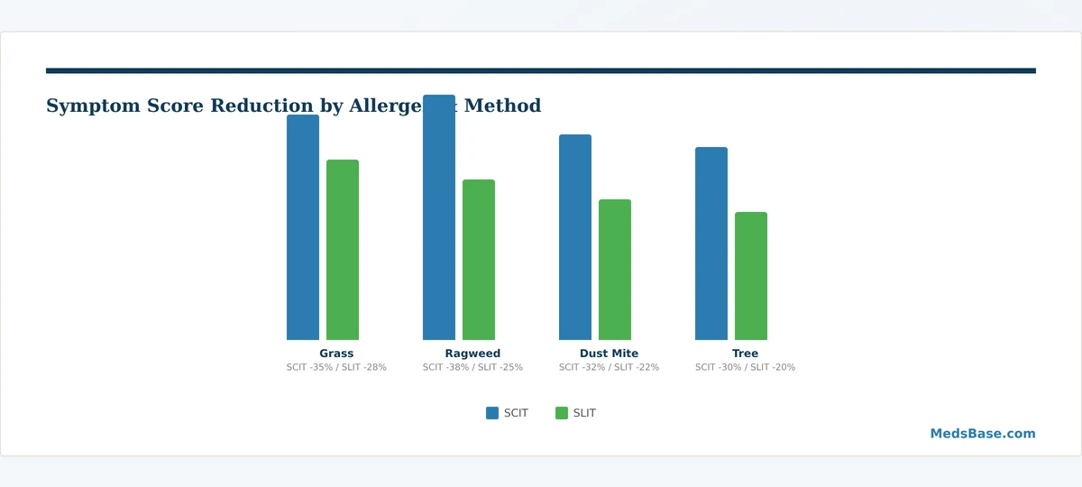 SLIT vs SCIT symptom score reduction by allergen type chart