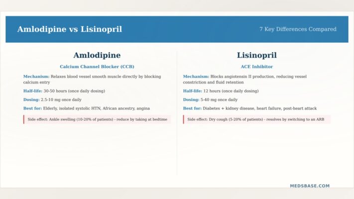 Amlodipine vs lisinopril blood pressure medication comparison — calcium channel blocker versus ACE inhibitor
