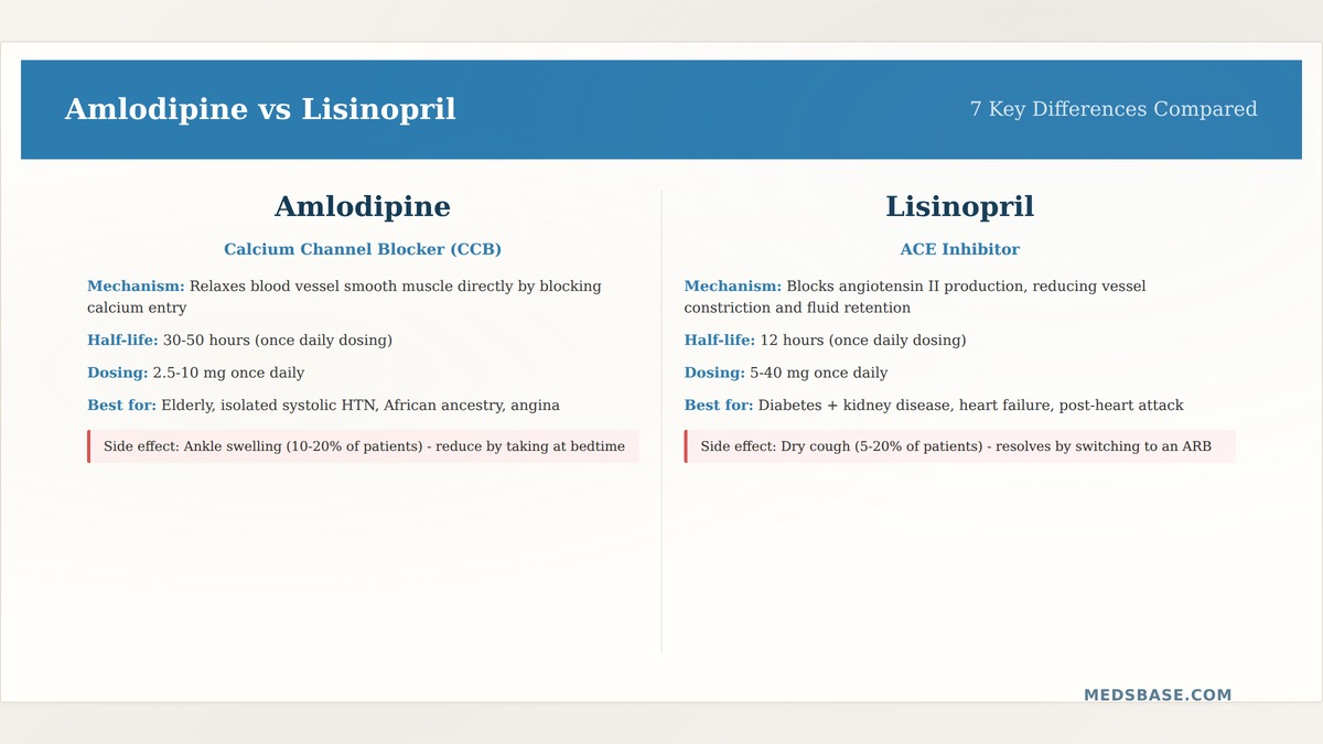 Amlodipine vs lisinopril blood pressure medication comparison — calcium channel blocker versus ACE inhibitor