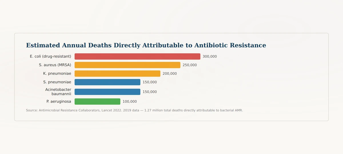 Global antibiotic resistance deaths bar chart by bacterial pathogen from Lancet GRAM study