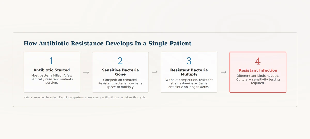 How antibiotic resistance develops four-step diagram from initial treatment to resistant infection