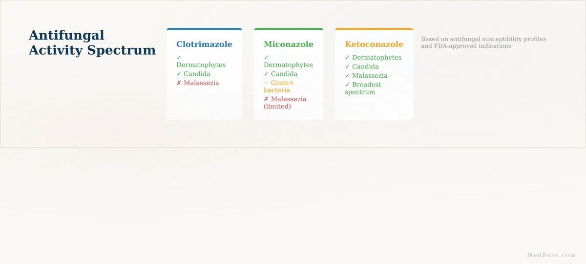 Antifungal spectrum comparison — clotrimazole vs miconazole vs ketoconazole activity range