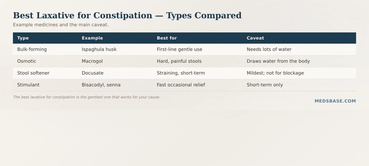 Comparison chart of the best laxative for constipation — bulk-forming vs osmotic vs stool softener vs stimulant
