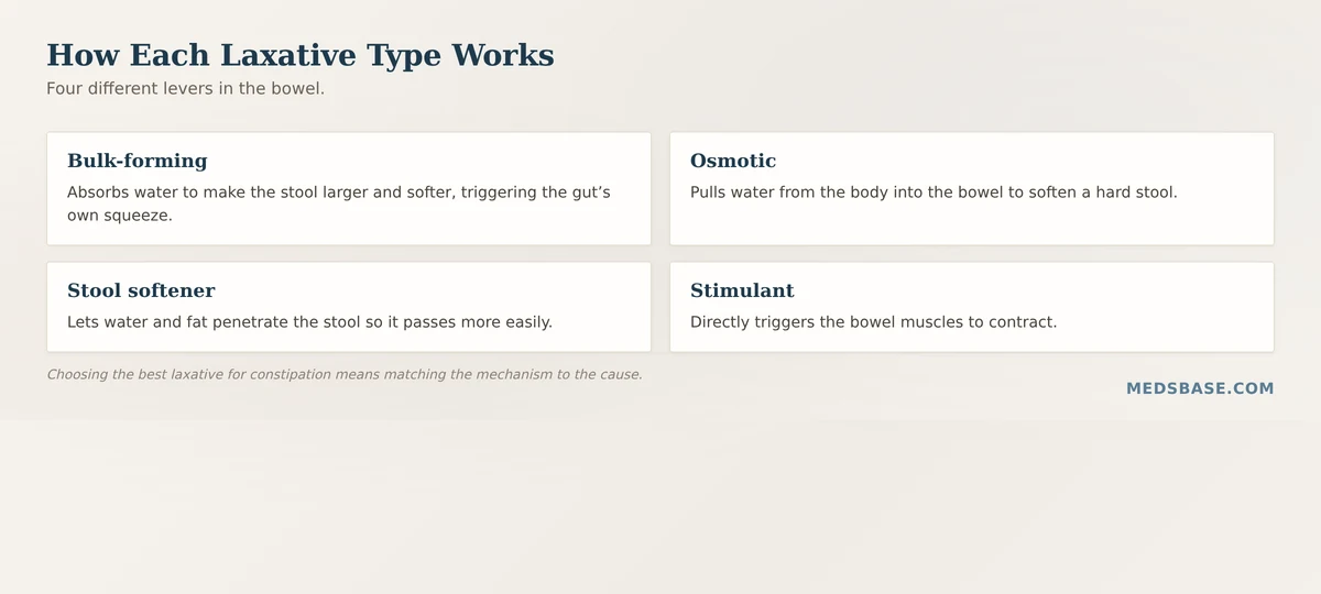 How each best laxative for constipation type works — bulk-forming, osmotic, stool softener, stimulant