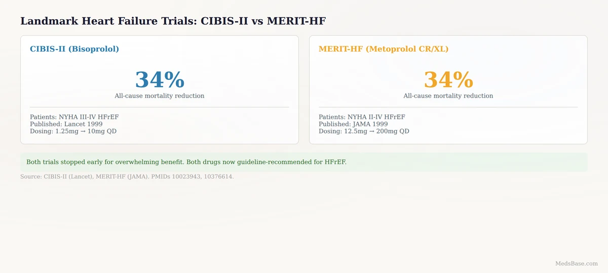 bisoprolol metoprolol clinical trial mortality reduction CIBIS-II MERIT-HF comparison
