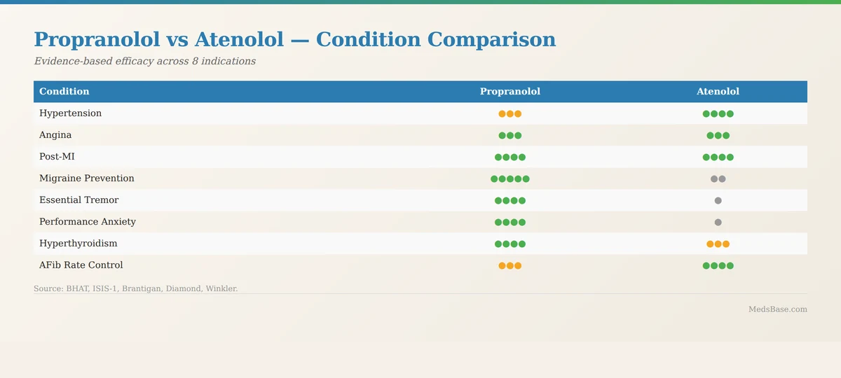 Propranolol vs atenolol condition comparison efficacy ratings across 8 indications
