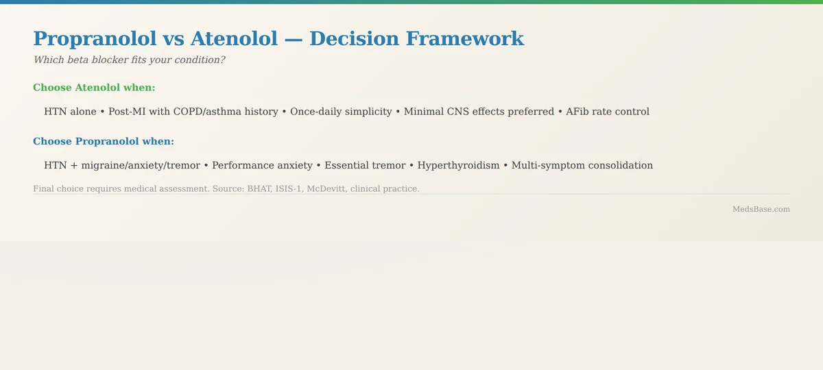 Propranolol vs atenolol decision framework which beta blocker to choose based on condition