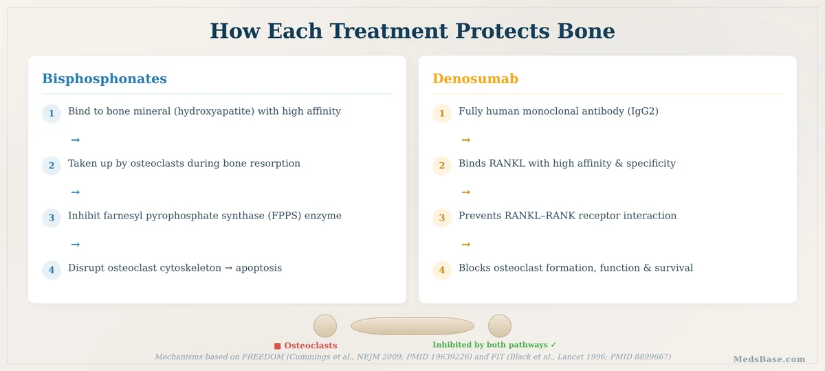 How bisphosphonates and denosumab protect bone — osteoclast inhibition mechanisms compared