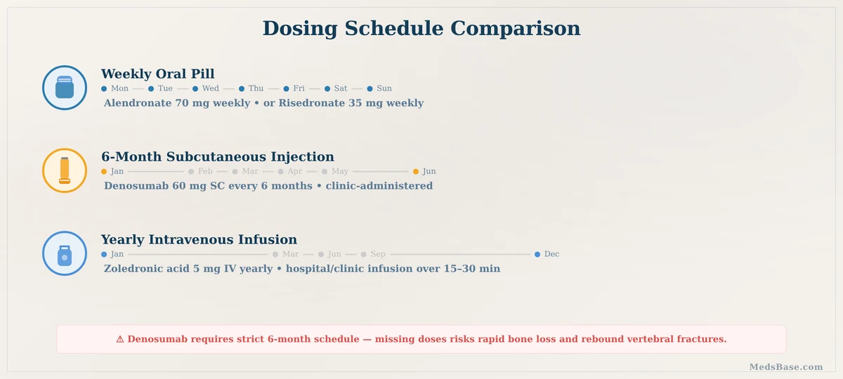 Bisphosphonates vs denosumab dosing schedule — weekly pill vs 6-month injection vs yearly IV comparison