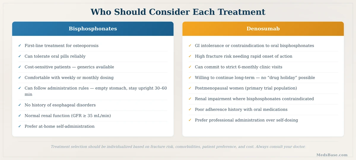 Who should choose bisphosphonates vs denosumab — patient selection criteria for osteoporosis treatment