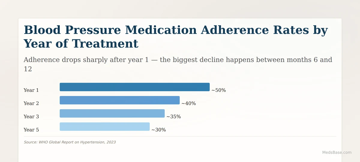Blood pressure medication adherence rates drop from 50% to 30% over 5 years