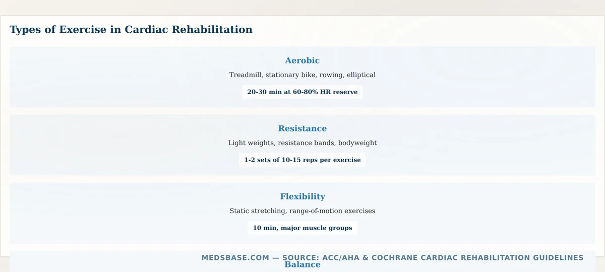 Four types of exercise in cardiac rehabilitation including aerobic, resistance, flexibility, and balance training
