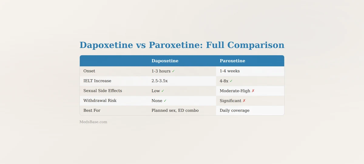 complete dapoxetine vs paroxetine comparison table