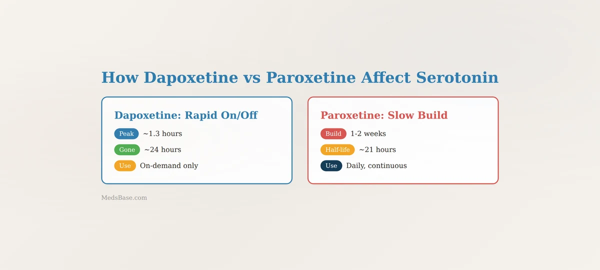 mechanism of action dapoxetine vs paroxetine serotonin reuptake