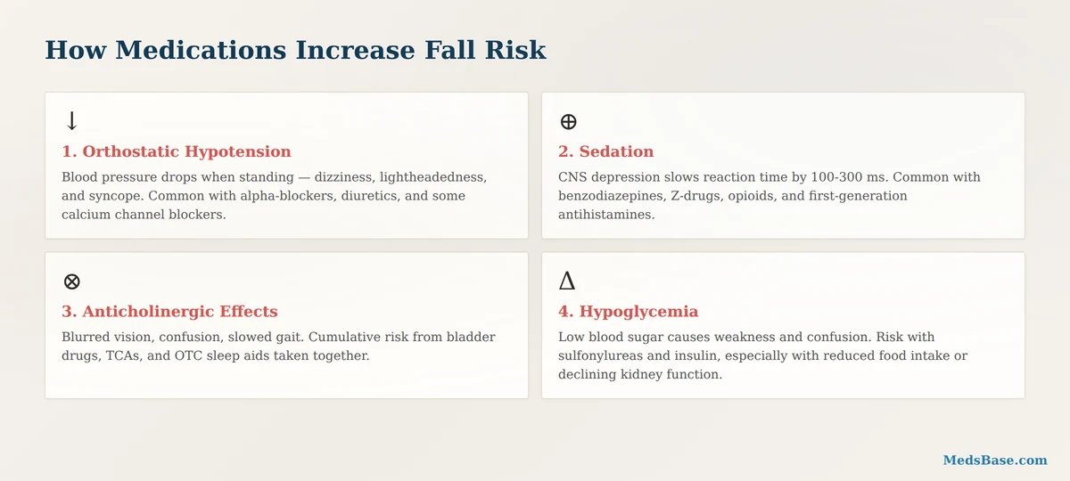 How medications increase fall risk — four physiological pathways