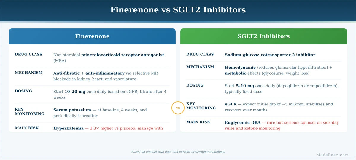 Finerenone vs SGLT2 inhibitors — comparison of kidney protection mechanisms and side effects