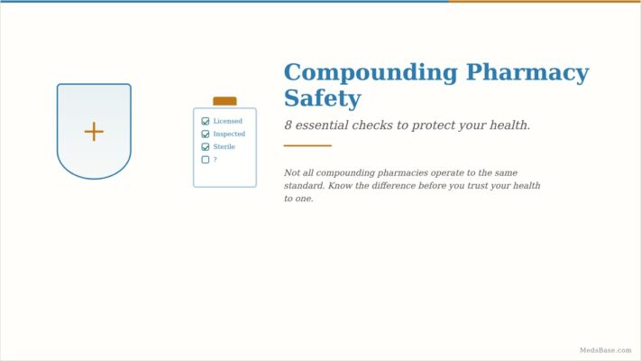 Compounding pharmacy safety guide with protection shield and checklist icon
