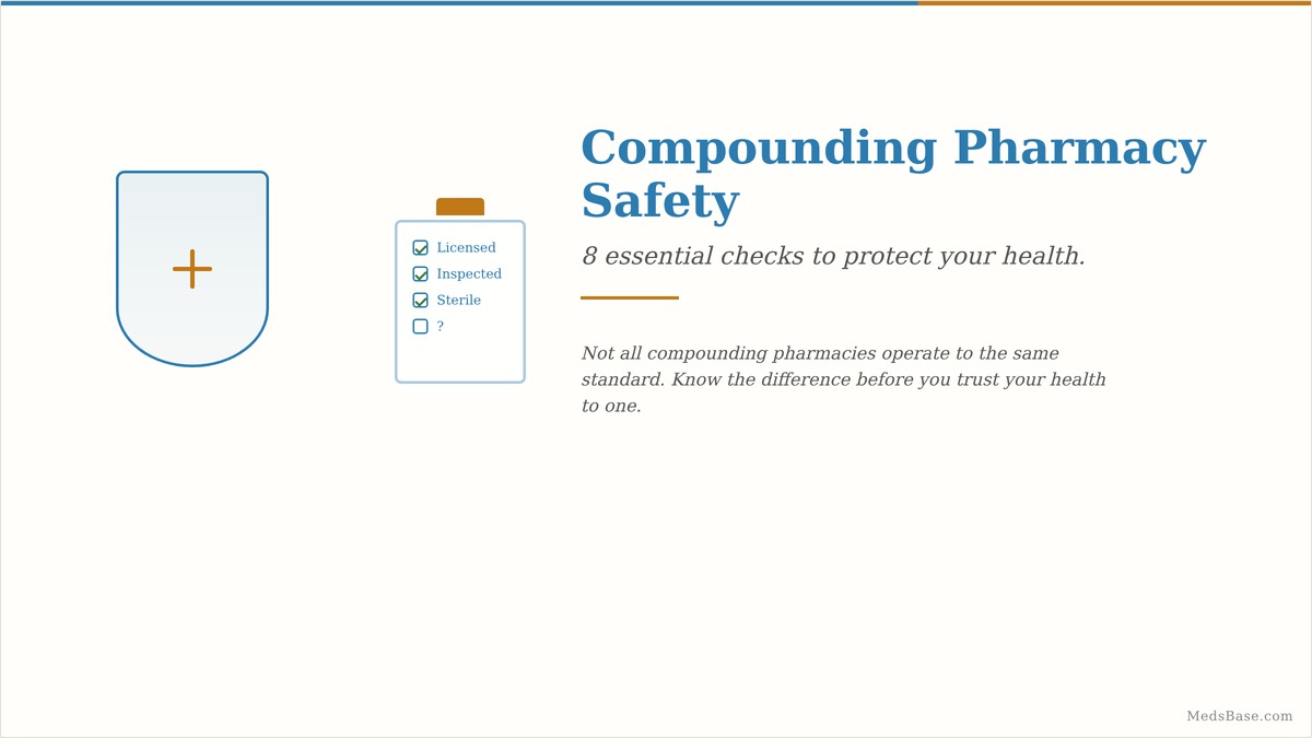 Compounding pharmacy safety guide with protection shield and checklist icon