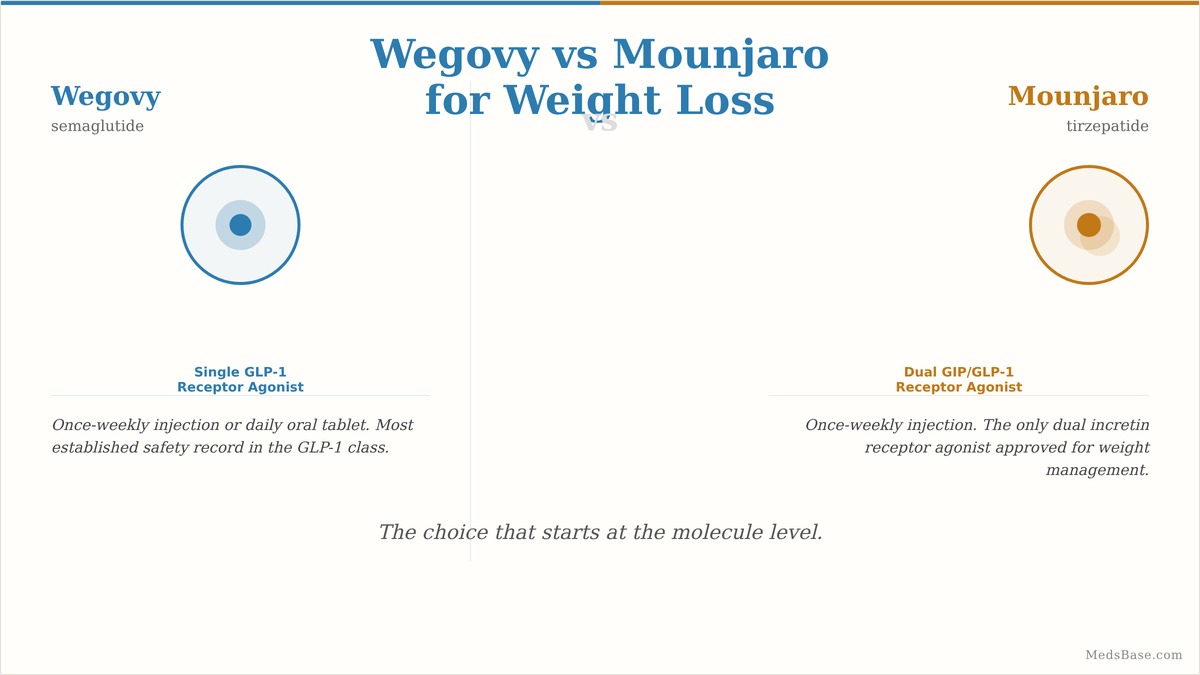 Wegovy vs Mounjaro for weight loss comparison guide with receptor mechanism icons