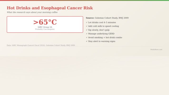 Hot drinks esophageal cancer risk infographic showing 65C temperature threshold and prevention steps