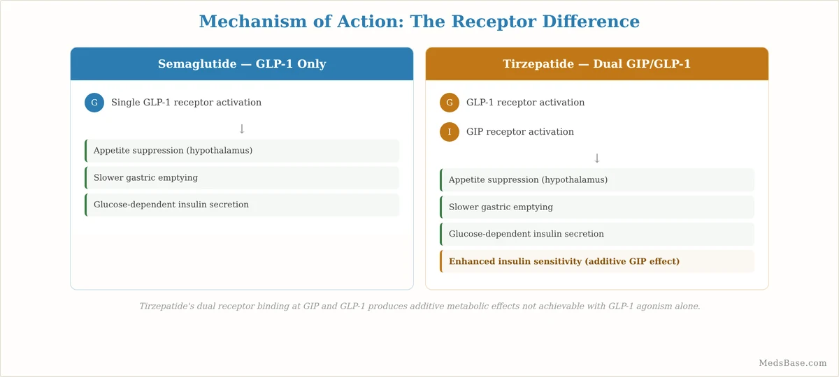 Mechanism of action comparison semaglutide single GLP-1 receptor versus tirzepatide dual GIP GLP-1 receptor agonist