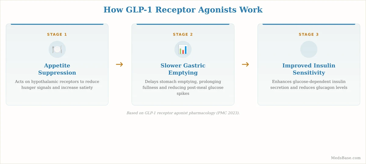 GLP-1 receptor agonist mechanism of action diagram showing appetite, digestion, and blood sugar effects