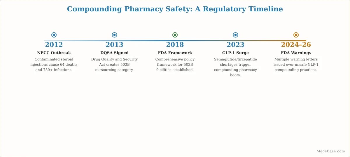 Timeline of key events in compounding pharmacy safety regulation from 2012 to present