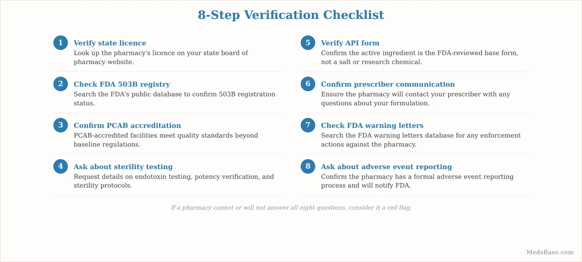 Eight-step compounding pharmacy safety verification checklist for consumers