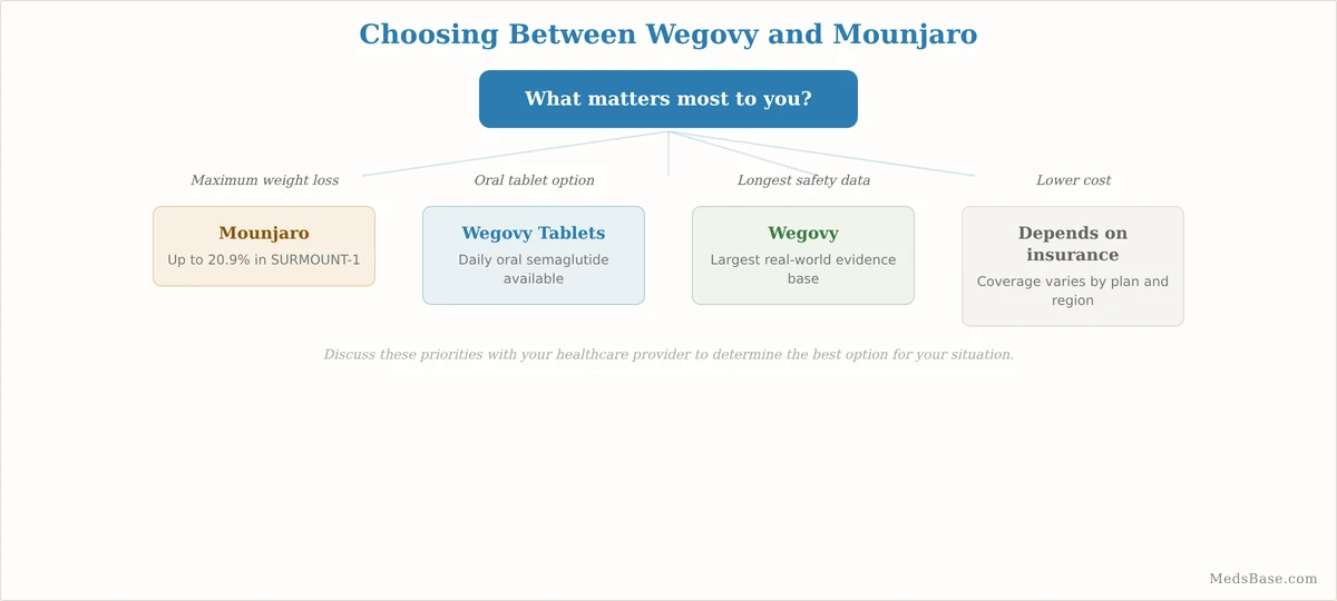 Decision flowchart for choosing Wegovy vs Mounjaro for weight loss based on personal priorities