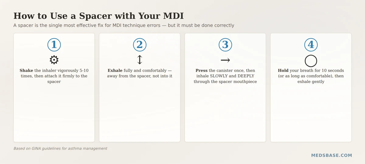 how to use a spacer with metered dose inhaler steps