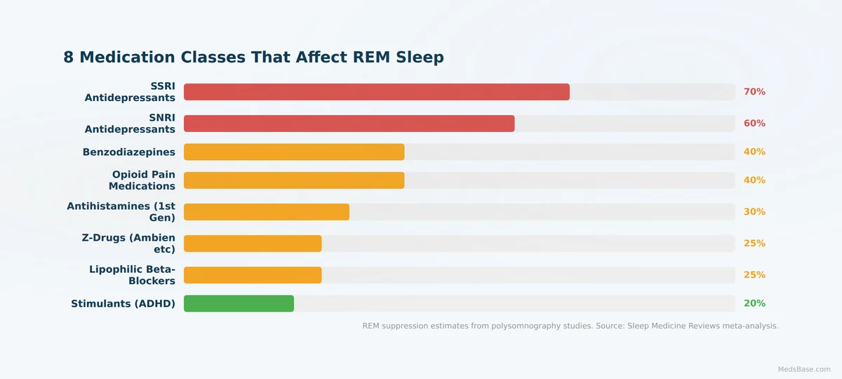 Chart showing 8 medication classes and their effects on REM sleep suppression percentages