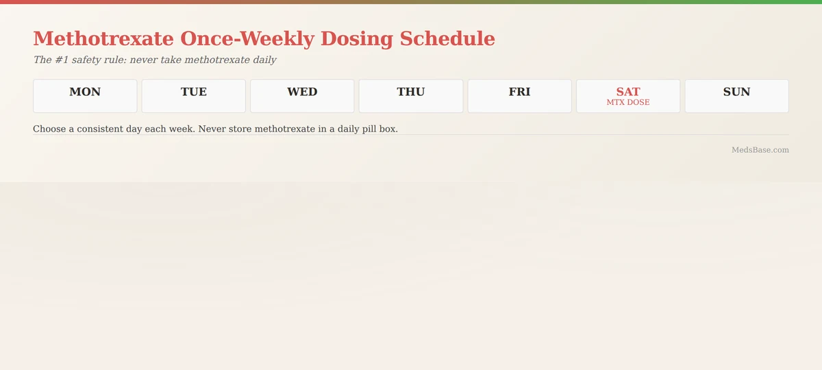 Methotrexate weekly dosing calendar once-weekly schedule to prevent fatal dosing errors