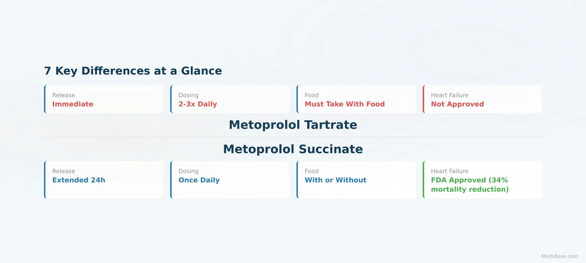 Metoprolol tartrate vs metoprolol succinate — 7 key differences including release mechanism dosing food and approved conditions