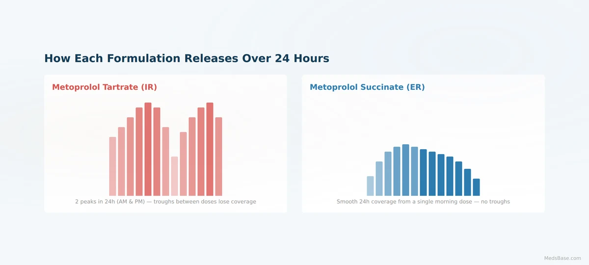 Metoprolol tartrate peaks and troughs vs metoprolol succinate steady 24-hour release — pharmacokinetic profile comparison