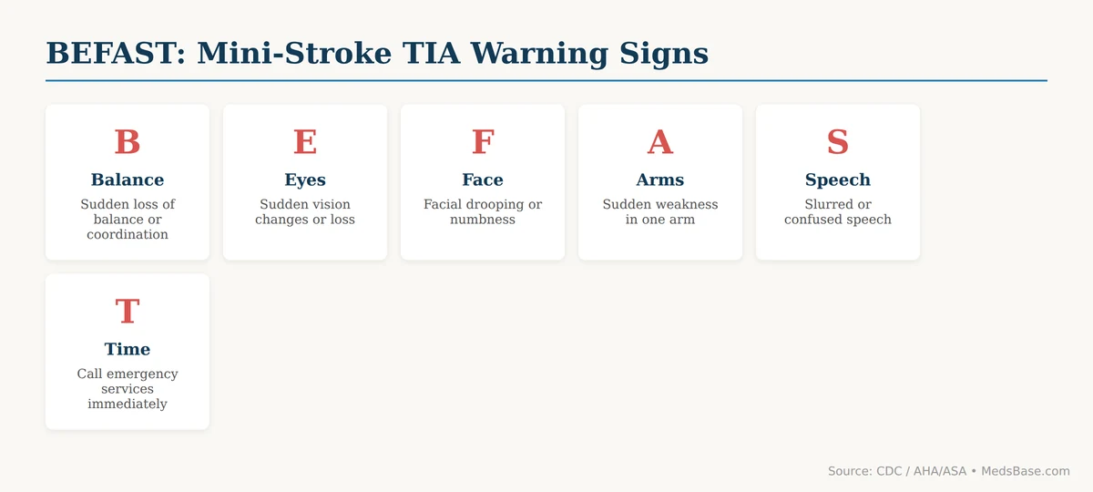 BEFAST mini stroke TIA warning signs and prevention — Balance Eyes Face Arms Speech Time