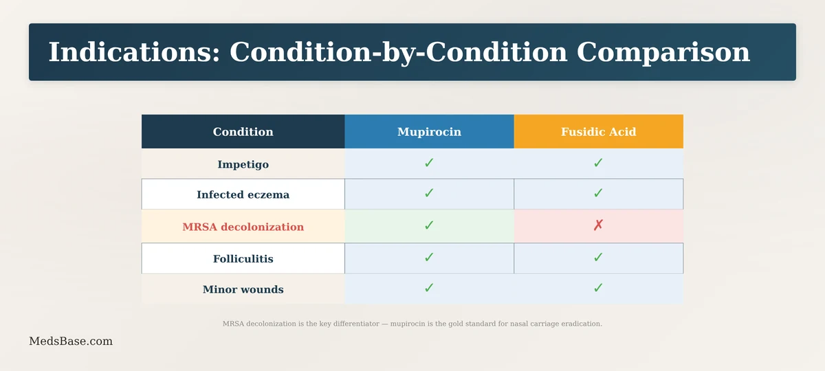 What mupirocin vs fusidic acid is used for approved indications