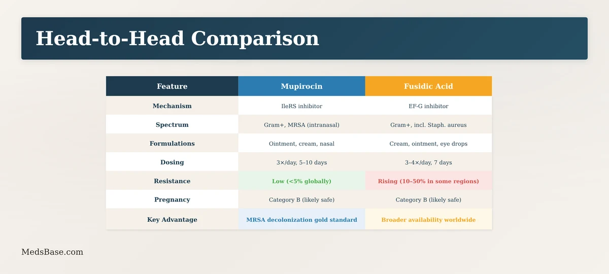 Side by side comparison table mupirocin vs fusidic acid
