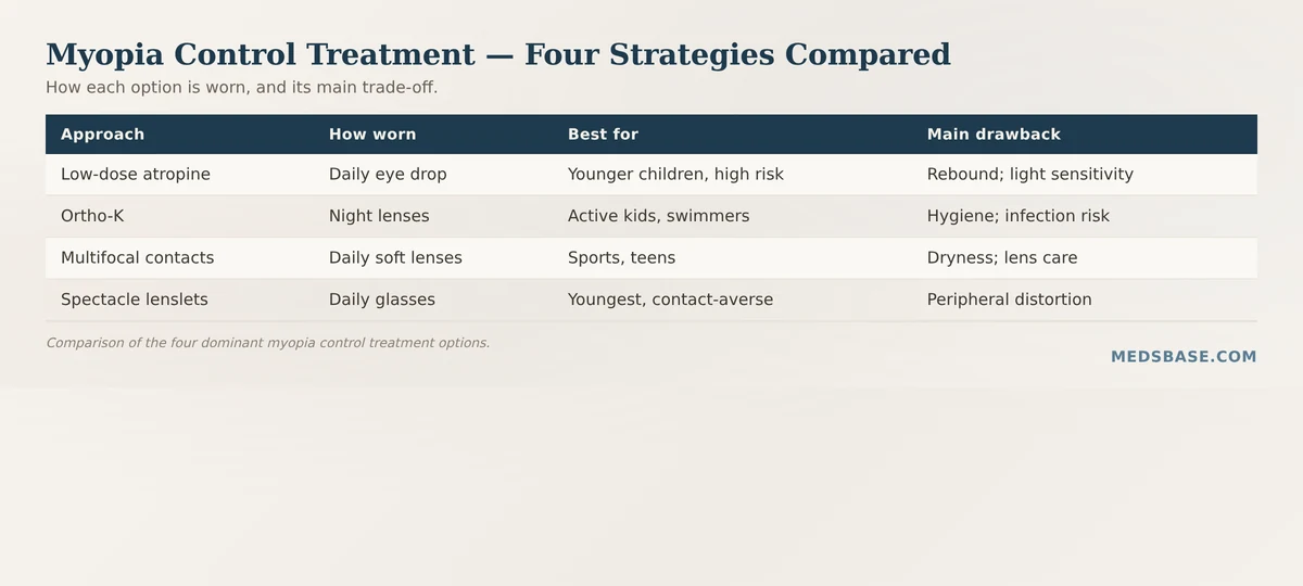 Comparison of myopia control treatment options — atropine vs ortho-K vs multifocal contacts vs spectacle lenslets