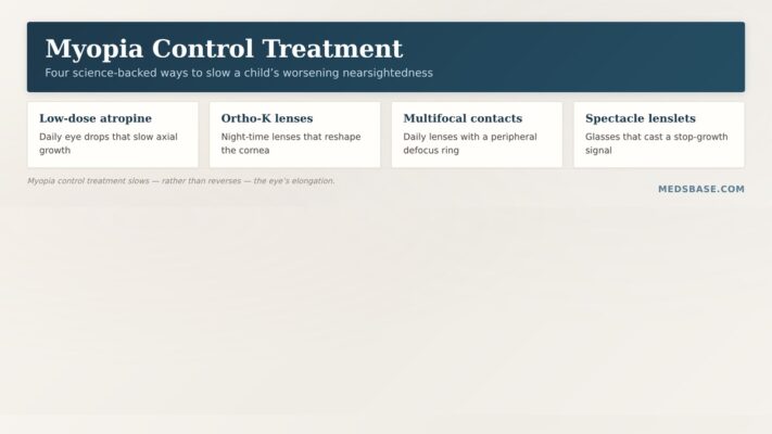 Myopia control treatment options — atropine drops, ortho-K, multifocal contacts and spectacle lenslets compared