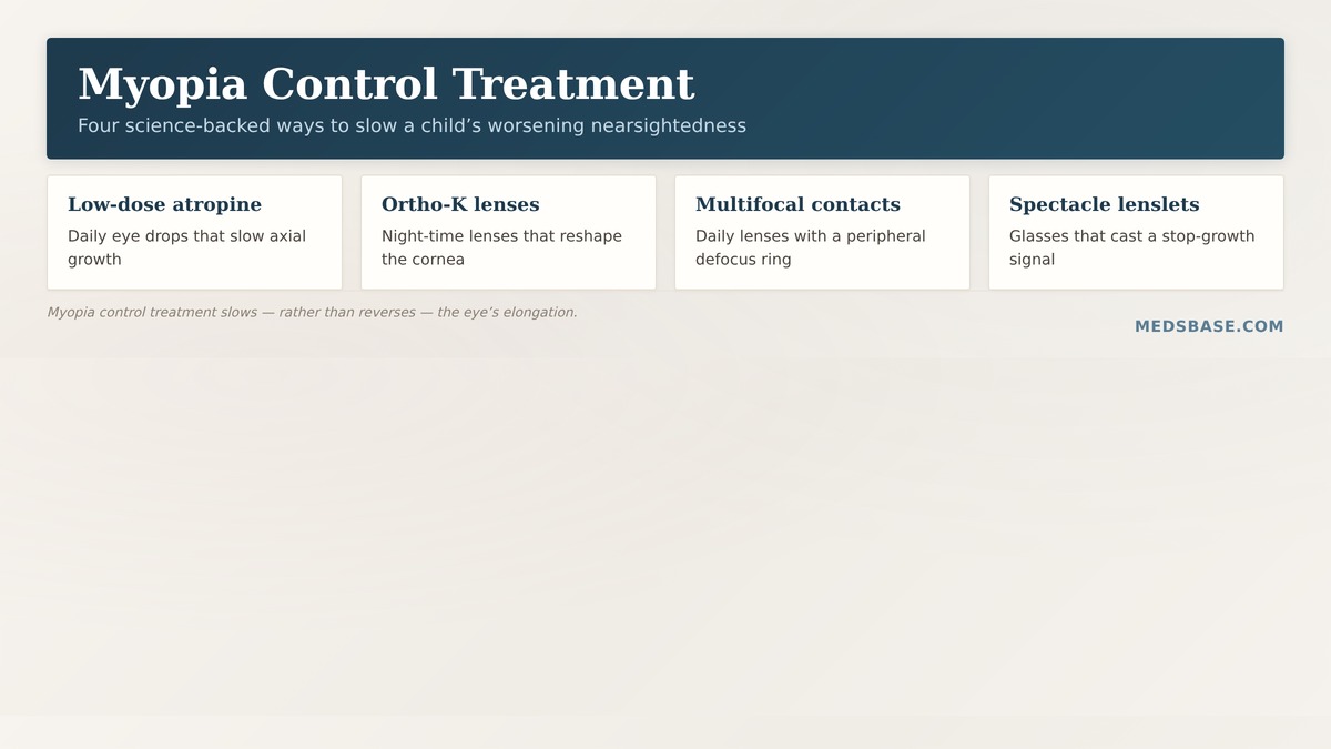 Myopia control treatment options — atropine drops, ortho-K, multifocal contacts and spectacle lenslets compared