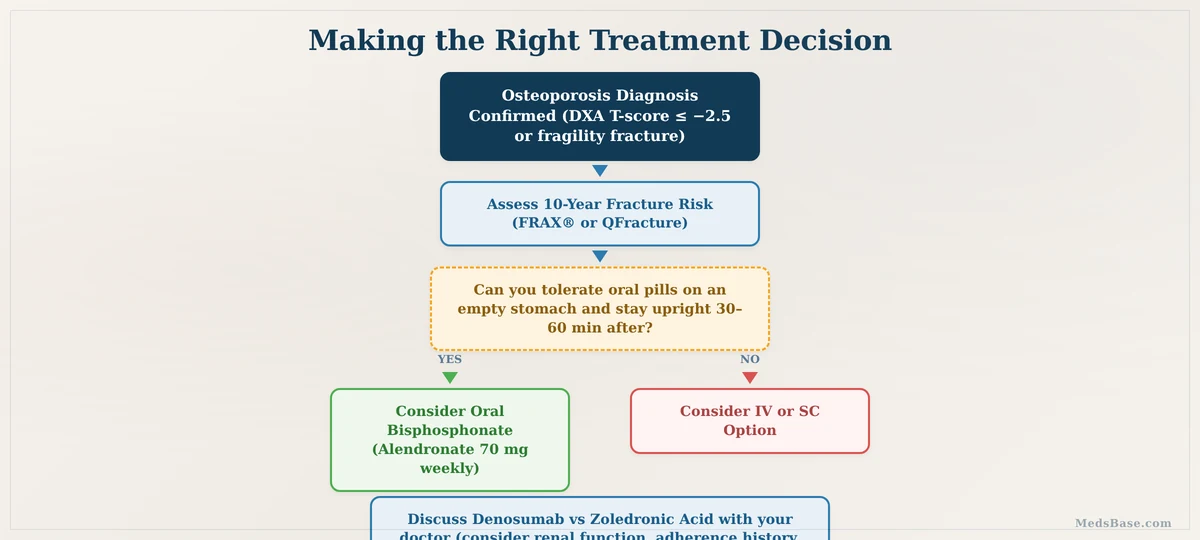 Osteoporosis treatment decision flowchart — choosing between bisphosphonates denosumab or zoledronic acid