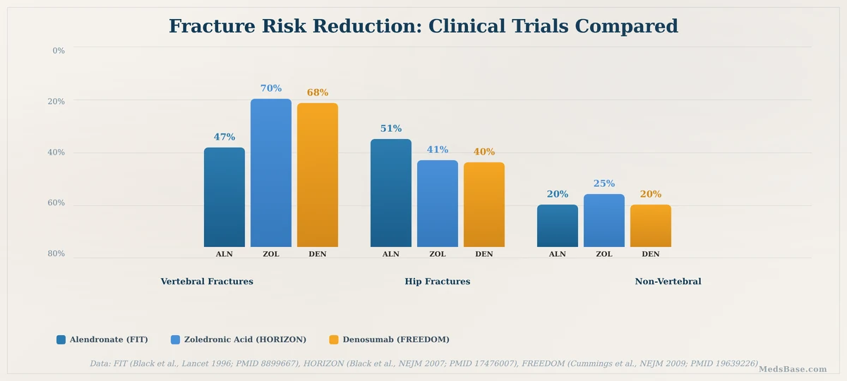 Fracture risk reduction clinical trials — FIT alendronate, HORIZON zoledronic acid, FREEDOM denosumab compared