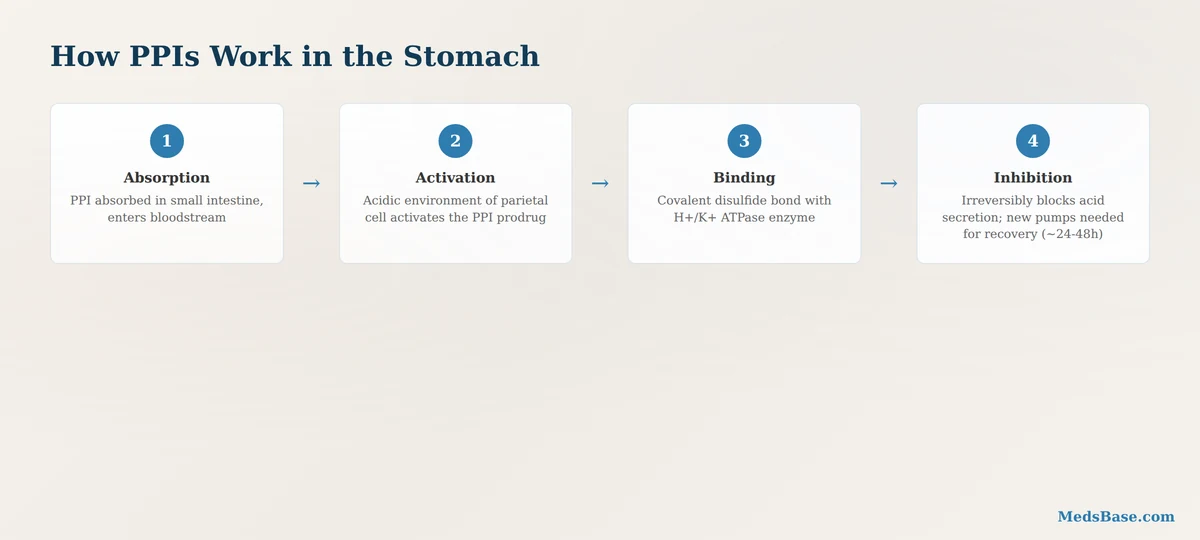 How PPIs work in the stomach — proton pump inhibition mechanism
