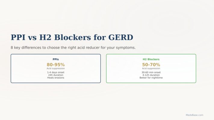PPI vs H2 blockers for GERD comparison infographic showing how each medication class works