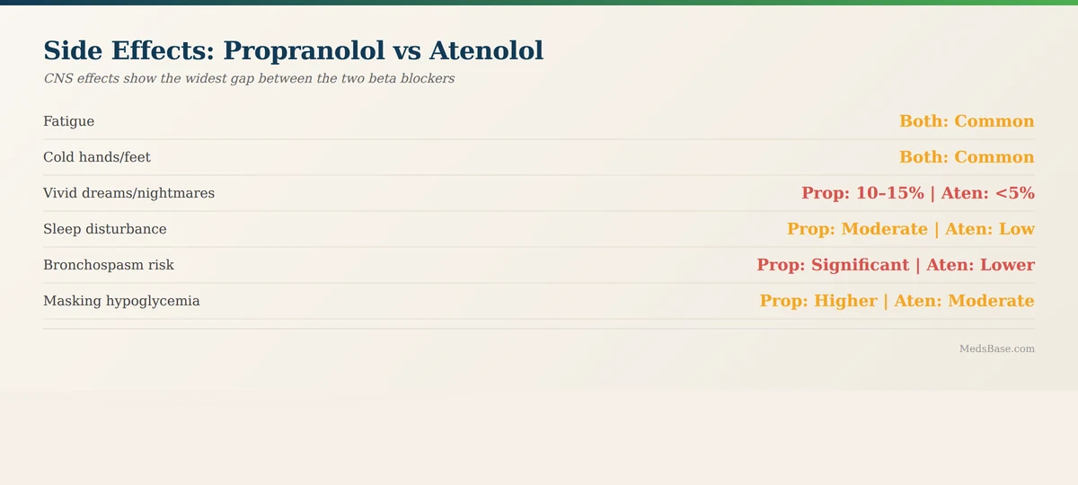 Propranolol vs atenolol side effects comparison CNS effects differ most